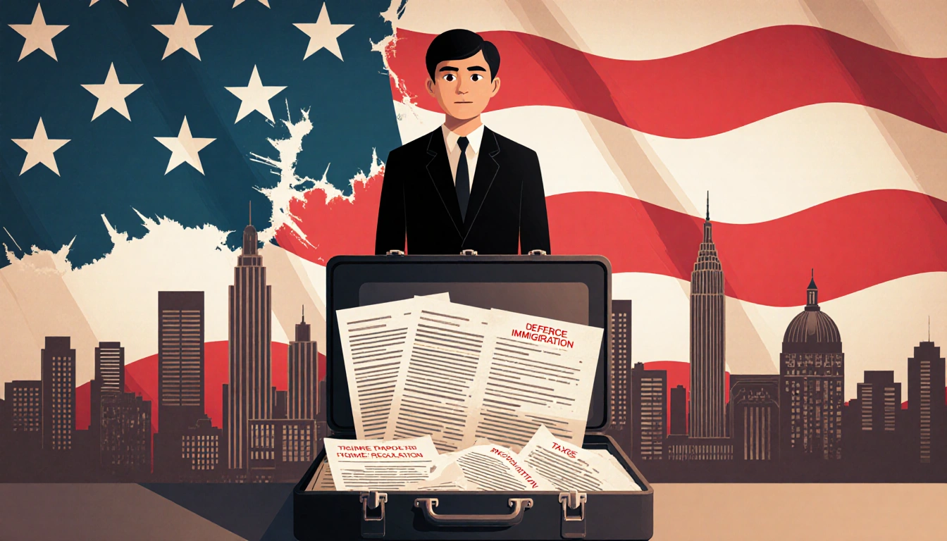 Person standing before a flag-wrapped wall with cityscape backdrop and holding a briefcase of politics regulation documents.