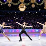 Olympic hopefuls Alysa Liu Ilia Malinin and Isabeau Levito dancing with arms extended and hands amid LED lights and snowflake