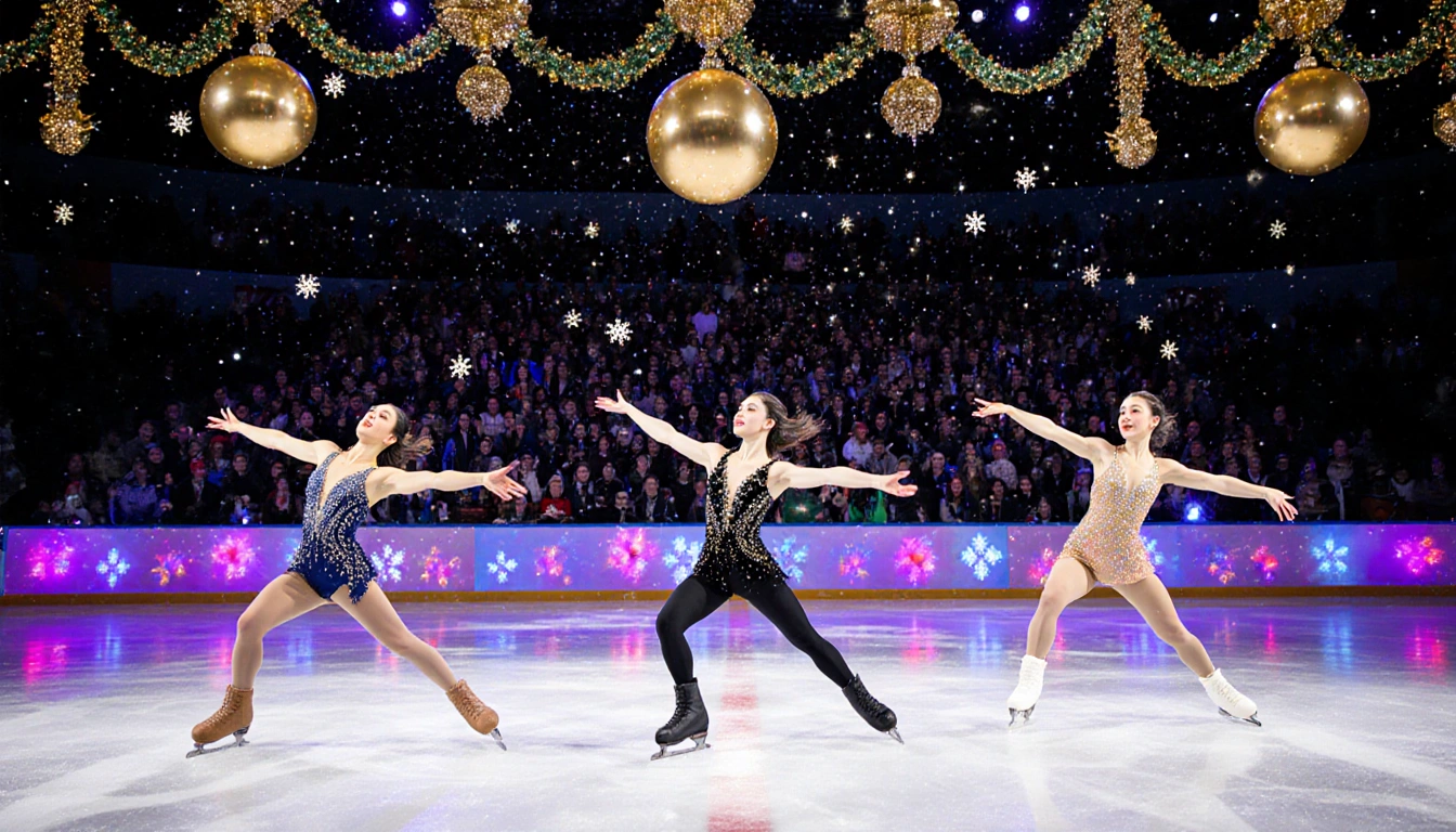 Olympic hopefuls Alysa Liu Ilia Malinin and Isabeau Levito dancing with arms extended and hands amid LED lights and snowflake