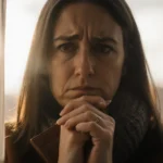 American woman looking concerned with hands clasped and finger tracing wallet with warm light on face