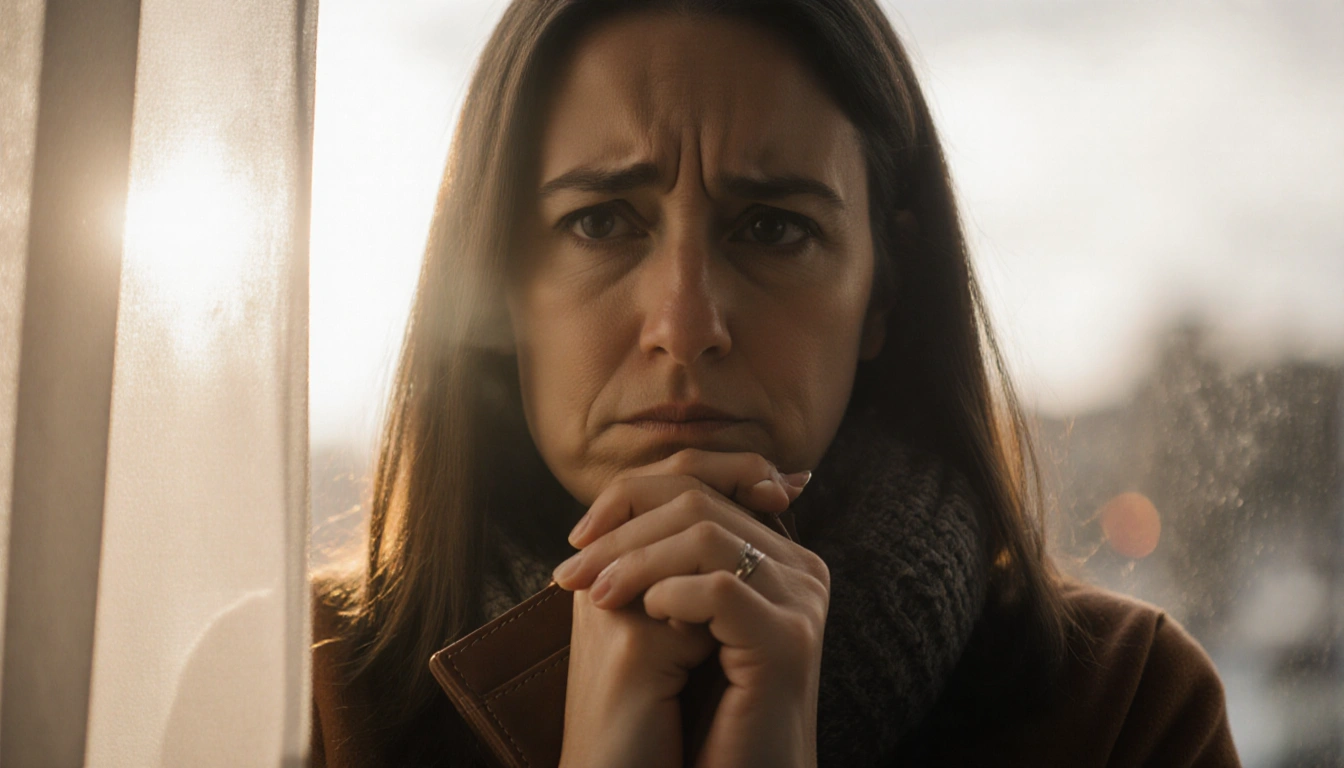 American woman looking concerned with hands clasped and finger tracing wallet with warm light on face