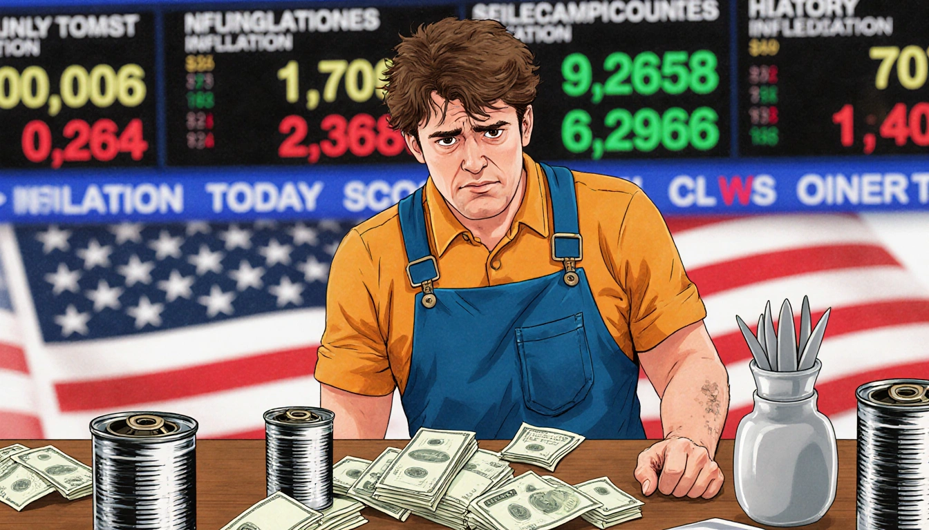 Worried worker standing before kitchen counter with empty cans and unpaid bills and blurred ticker of inflation in background