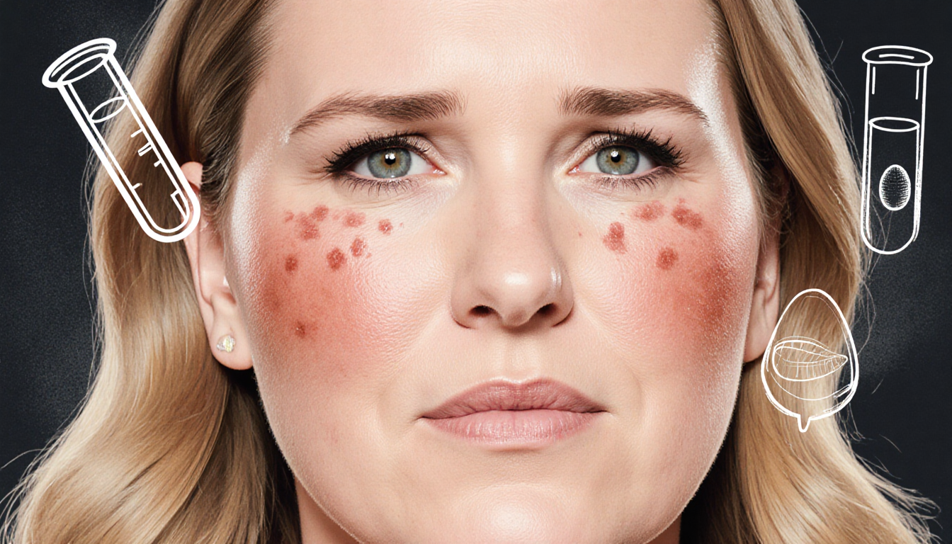 Amy Schumer showing her face with pale skin and dark circles under eyes and a faint IVF test tube and embryo