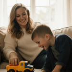 Amy Schumer laughing while her son Gene plays with a toy truck on a couch with warm natural light.