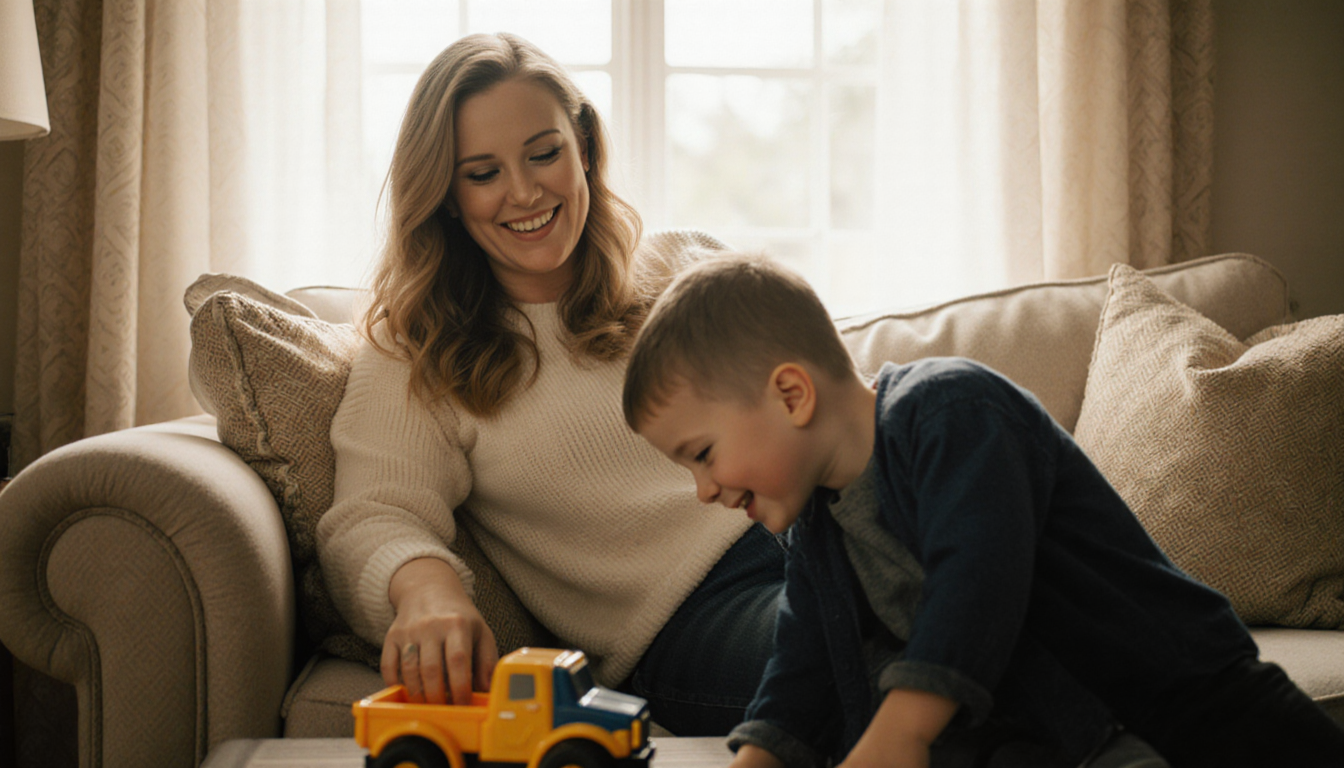 Amy Schumer laughing while her son Gene plays with a toy truck on a couch with warm natural light.