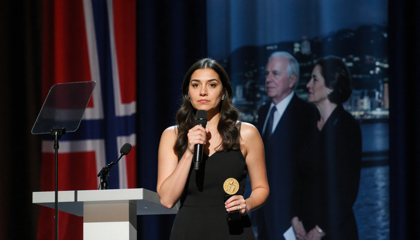 Ana Corina Sosa standing on Oslo stage holding Nobel Peace Prize with microphone and Norwegian flag pattern in backdrop