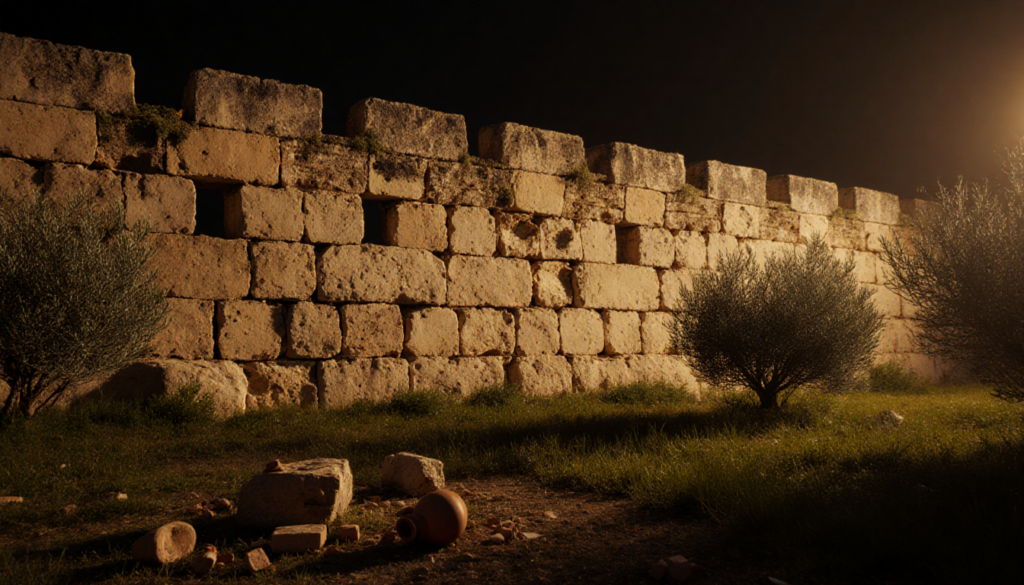Ancient Jerusalem wall glowing in golden light with crumbling mortar and scattered broken pottery nearby