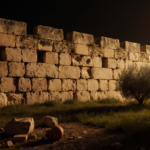 Ancient Jerusalem wall glowing in golden light with crumbling mortar and scattered broken pottery nearby