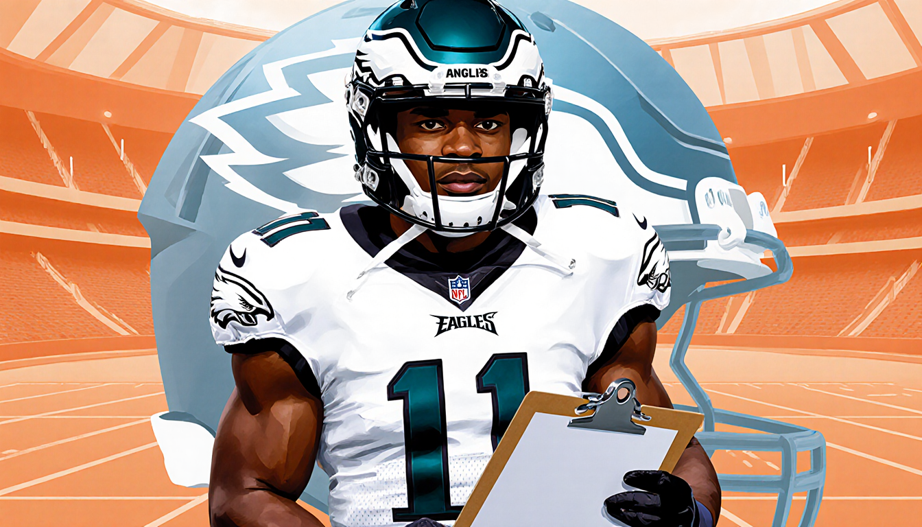 Andre' Sam holds clipboard with game notes and a football helmet with his nameplate behind him in a Philadelphia Eagles unifo