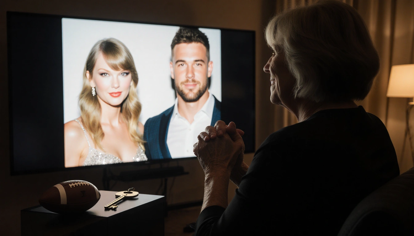Andrea Swift sits with warm glow from screen showing Taylor Swift and Travis Kelce while a football key rests nearby