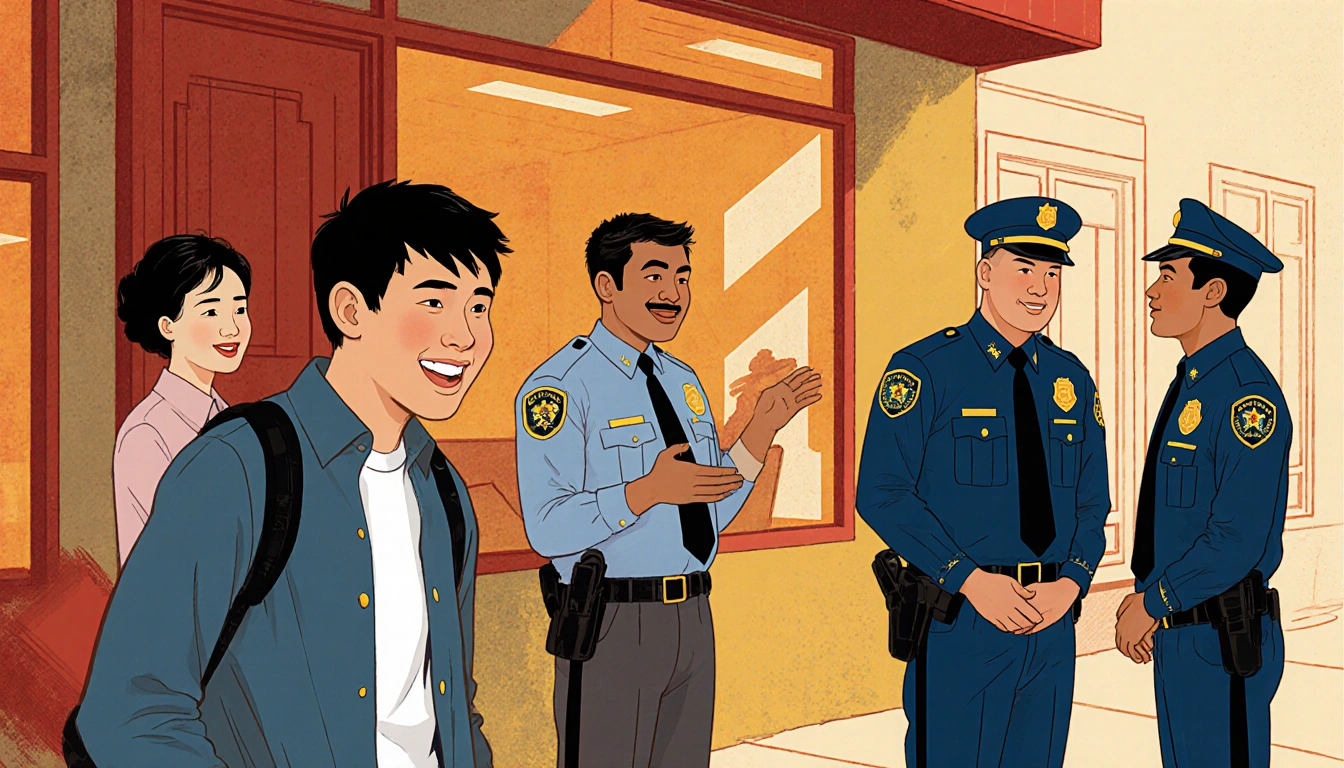 Andy Chan smiles while talking to Highway Patrol officers with restaurant walls in warm Chinatown background