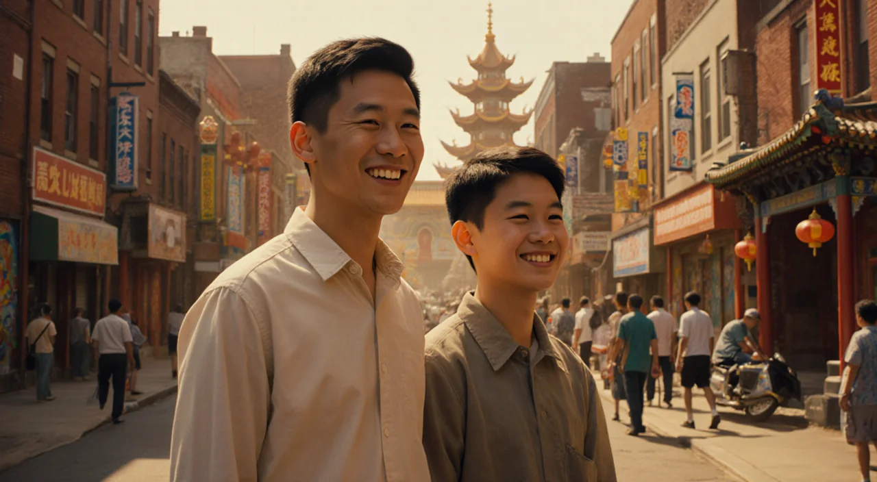 Andy Chan standing in front of Philadelphia Chinatown temple with John Chin smiling beside him and warm light casting glow