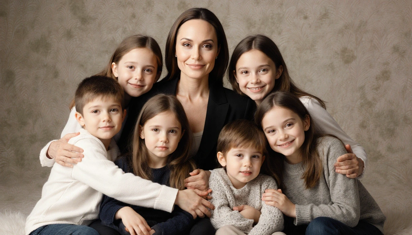 Angelina Jolie cradles six children around her with gentle natural light highlighting warm family unity