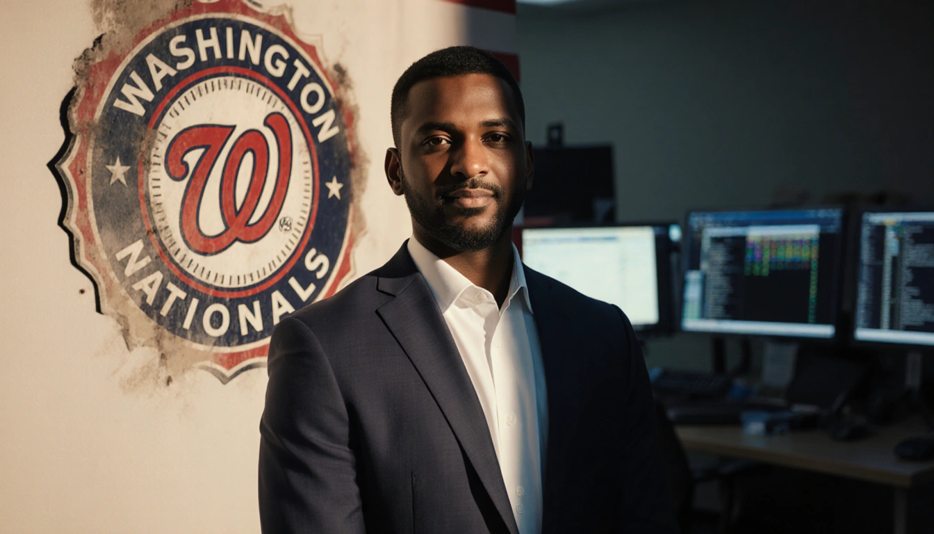 Ani Kilambi standing with Washington Nationals logo research equipment beside faded Philadelphia Phillies logo under warm lig