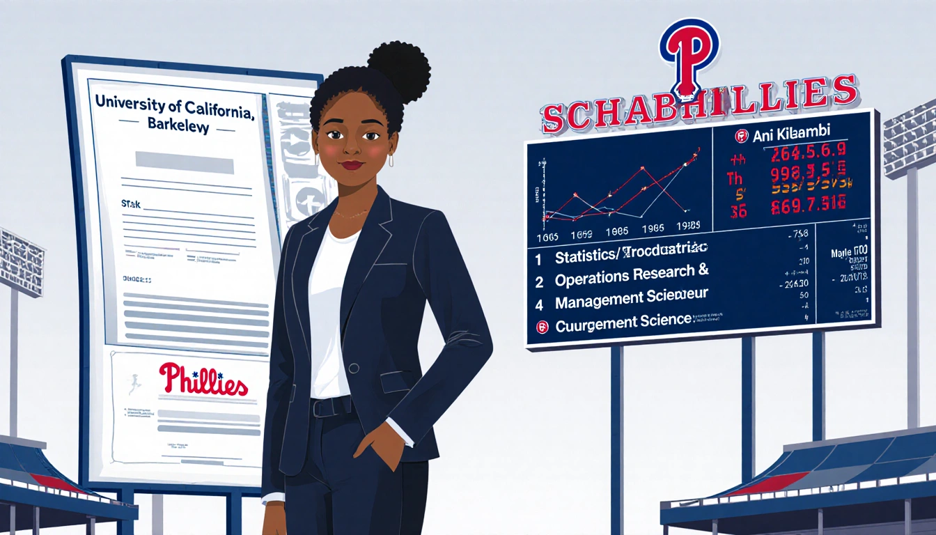 Ani Kilambi stands before a scoreboard with stats in Phillies colors and a Berkeley diploma showing her research background.