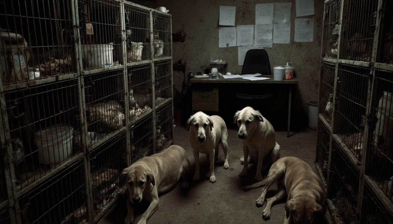Distressed animals stare downward in cramped cages with evidence of animal neglect and cluttered breeder's desk in background