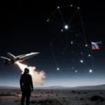 Silver spaceship fires anti-satellite missile while a lone figure in black spacesuit watches with the Russian flag fluttering