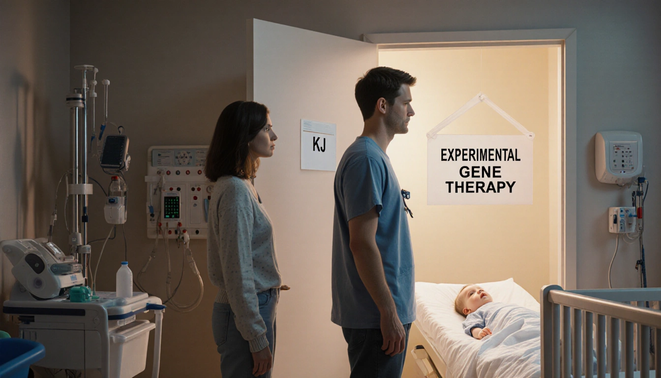 Anxious parents standing in front of a hospital door with a baby in bed and a gene therapy sign