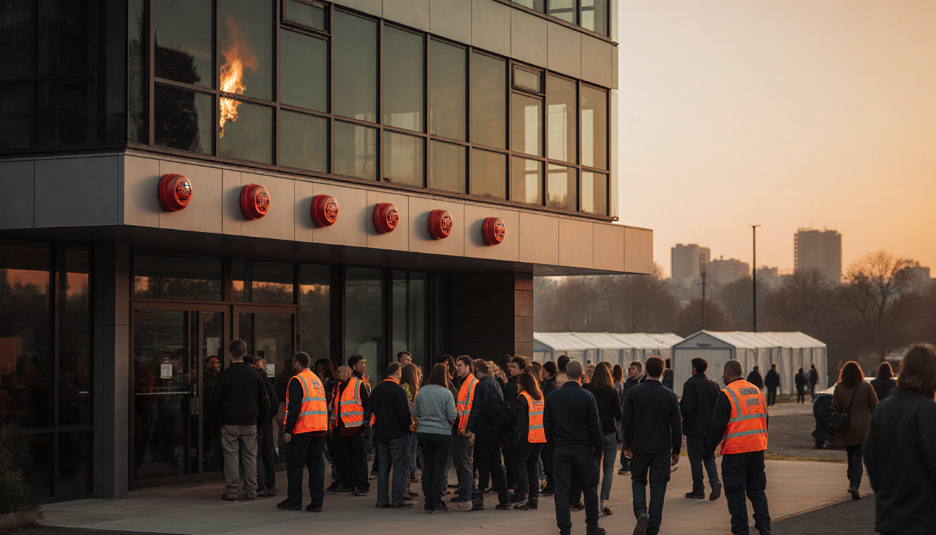 Residents gathering outside glass building with fire alarms and emergency responders in orange vests under sunset glow