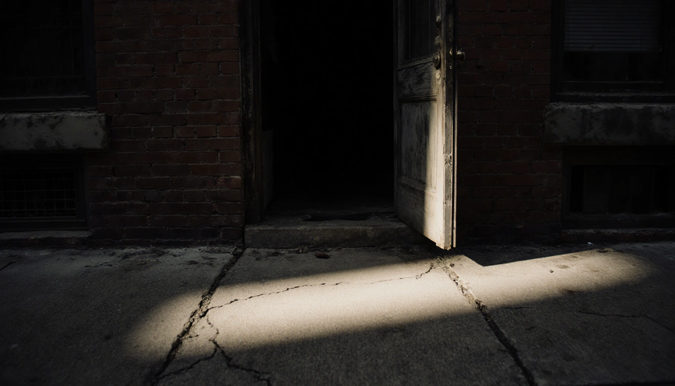 Apartment doorway ajar revealing sliver of decay with light spilling onto cracked sidewalk and dim interior