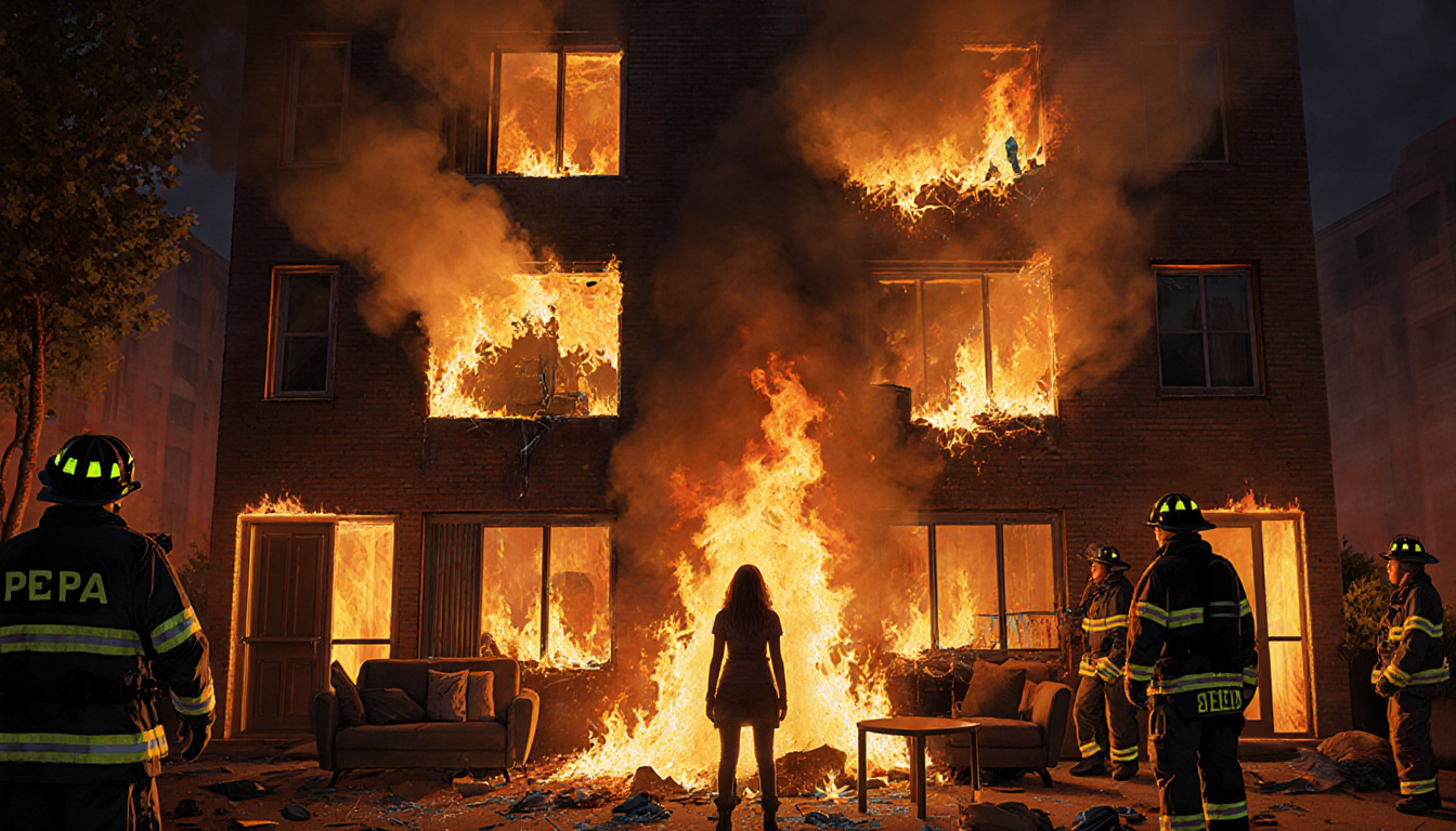 Pepa's charred silhouette stands with raging fire and firefighters battling smoke in the apartment.