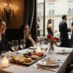 Guests laughing and chatting at a cozy apéro bistro table with a cheese board and wine glasses and charcuterie spread