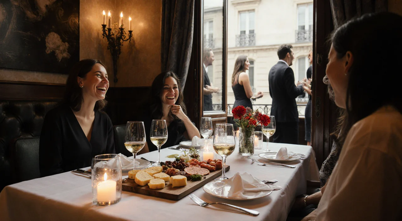 Guests laughing and chatting at a cozy apéro bistro table with a cheese board and wine glasses and charcuterie spread