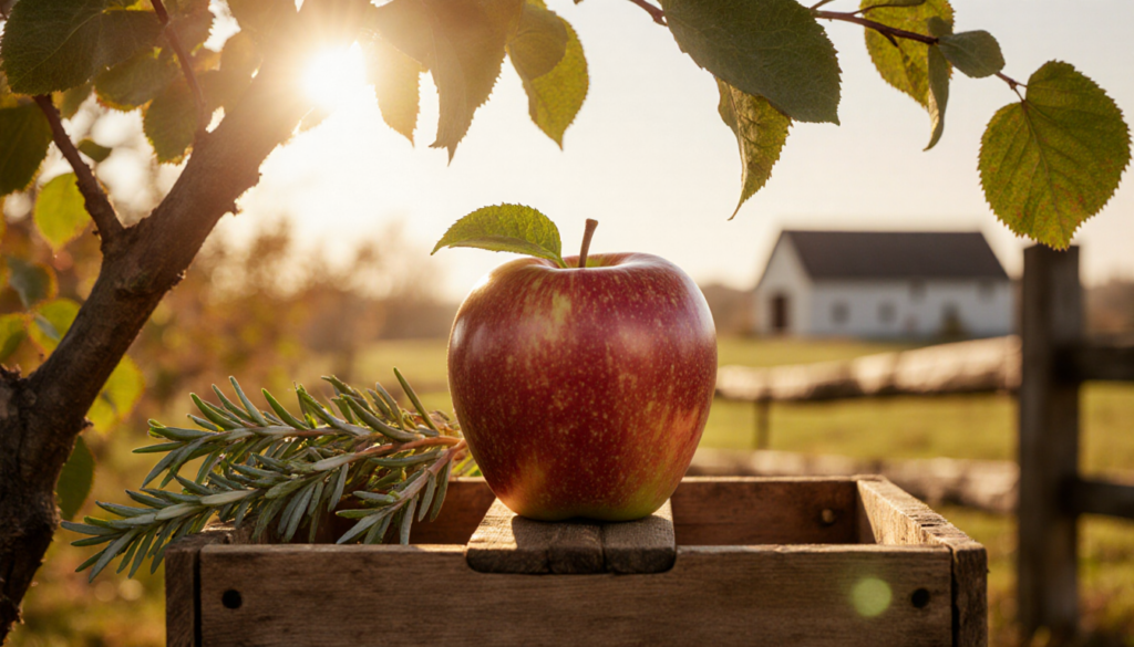 Juicy red apple sits on wooden crate with warm sunlight filtering through autumn leaves and rosemary sprigs.
