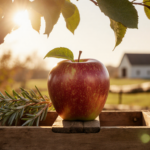 Juicy red apple sits on wooden crate with warm sunlight filtering through autumn leaves and rosemary sprigs.