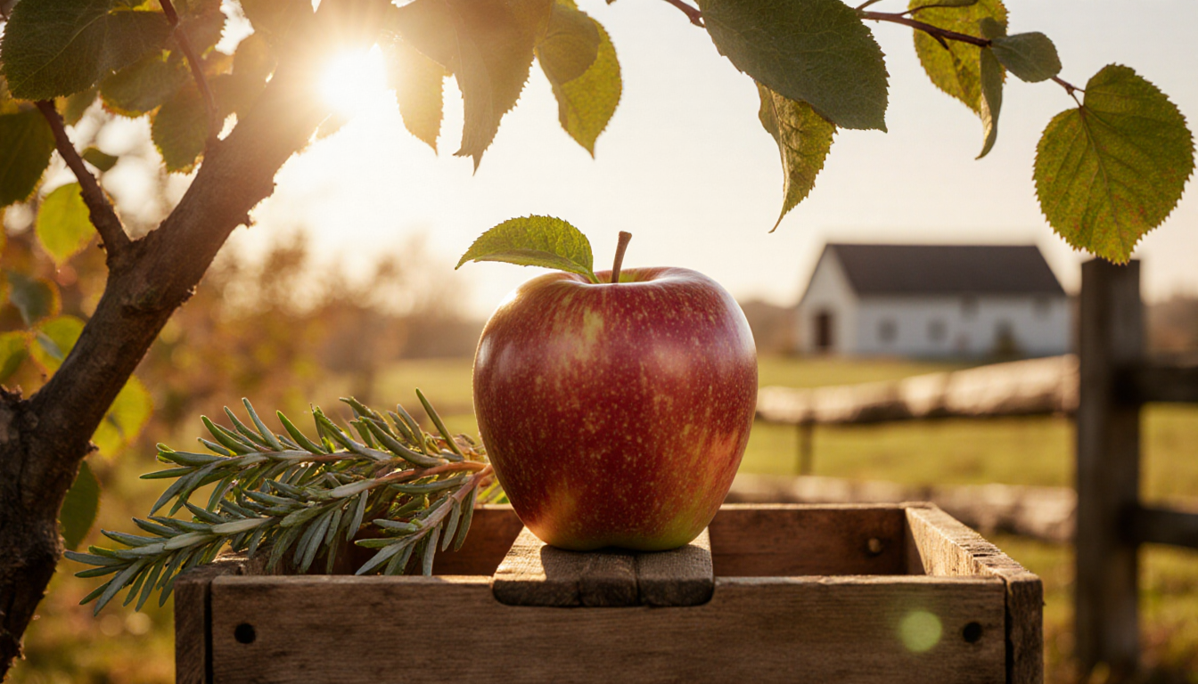 Juicy red apple sits on wooden crate with warm sunlight filtering through autumn leaves and rosemary sprigs.