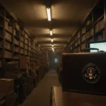 Computer screen flickering displays error message with briefcase and dusty archive shelves