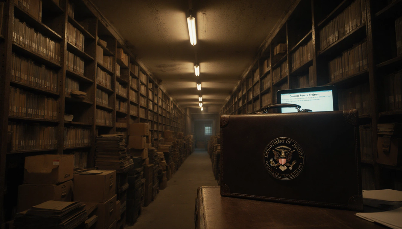 Computer screen flickering displays error message with briefcase and dusty archive shelves