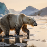 Polar bear emerges from melting Arctic ice sheet with dark ice crystals on fur.