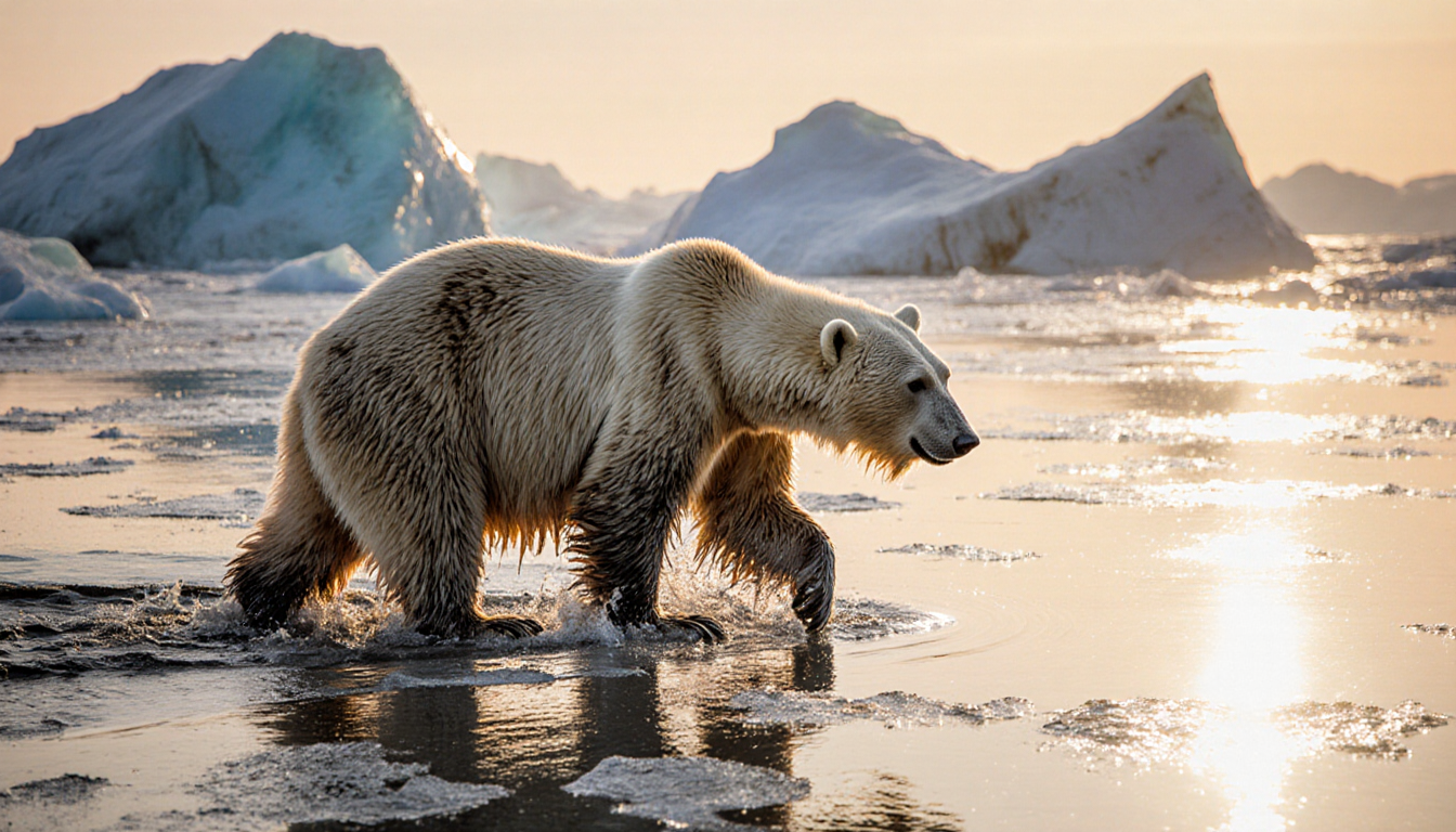 Polar bear emerges from melting Arctic ice sheet with dark ice crystals on fur.