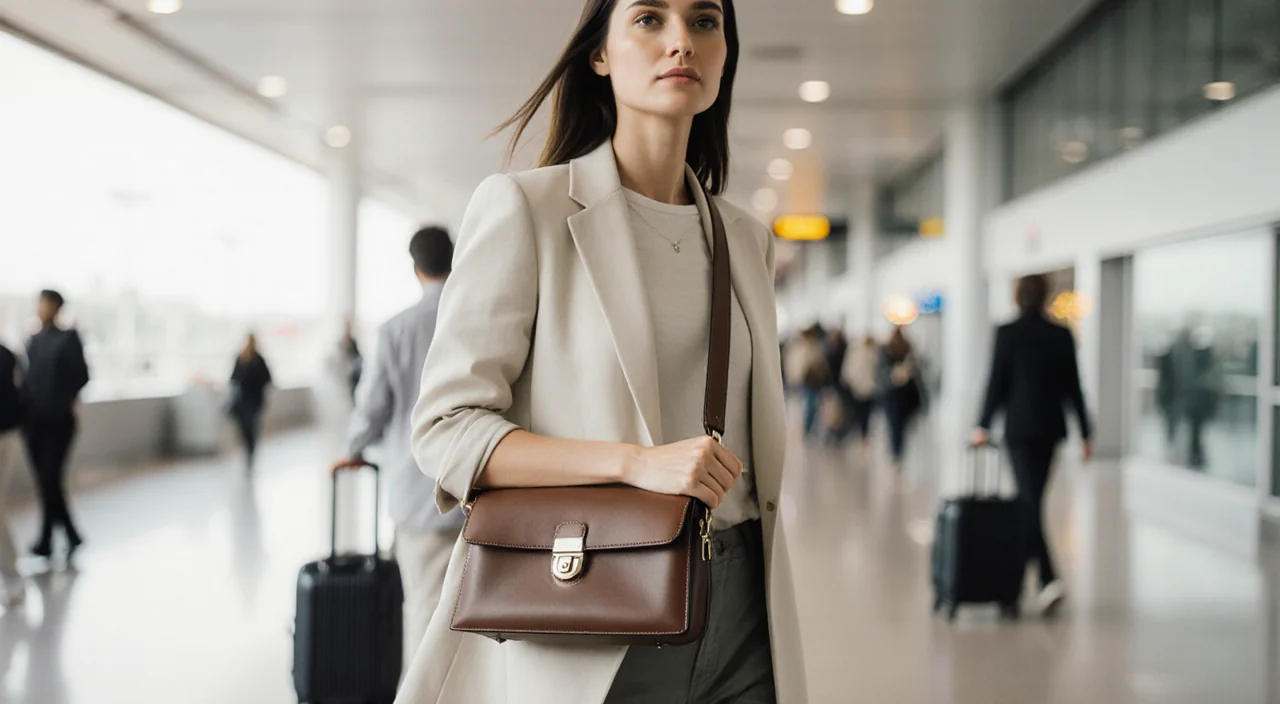 Woman walking airport terminal with water-resistant crossbody bag and vegan leather details travelers blur in background.