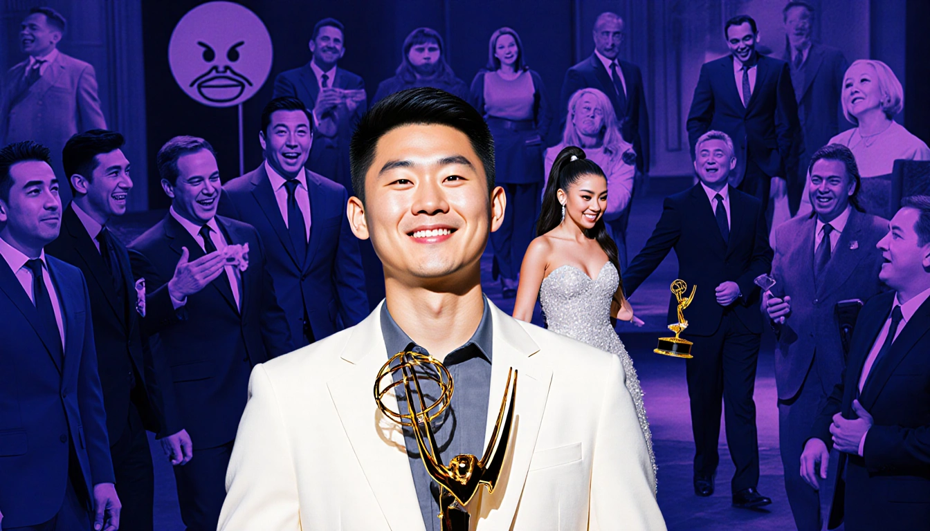 Ariana Grande walking off stage with Bowen Yang holding an Emmy award and SNL cast in comedic poses.