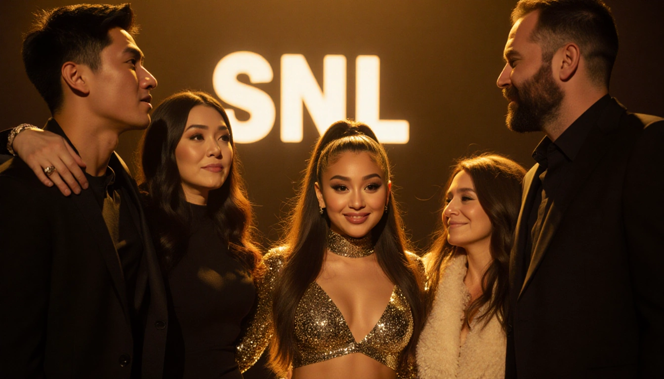 Ariana Grande stands center-stage singing with Bowen Yang hugging her while the SNL logo glows softly in the background.