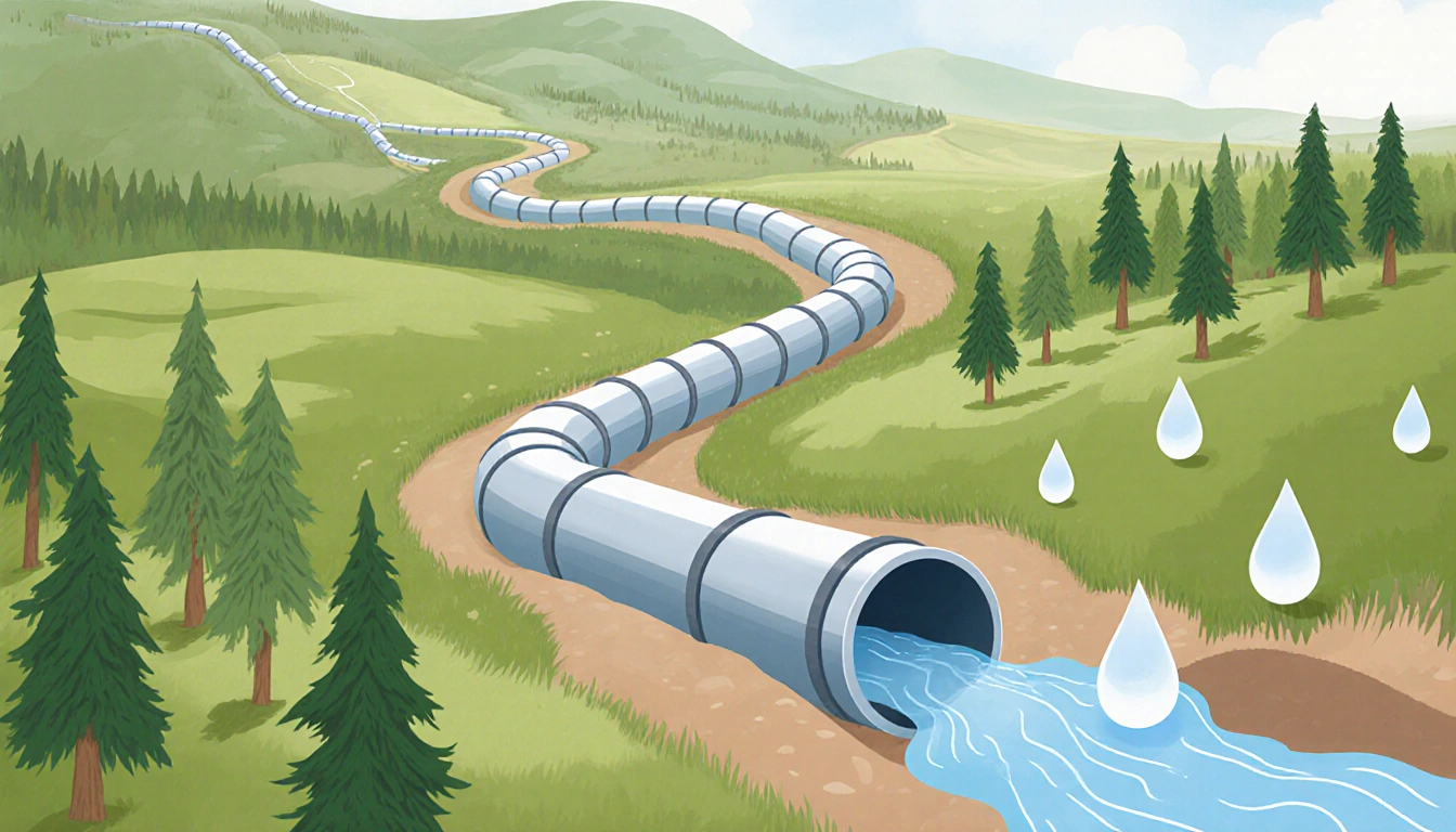 Water droplets flow from an underground pipeline with lush greenery and towering trees along its route.