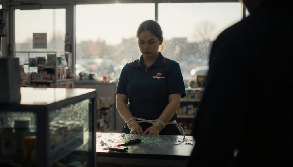 Zip-tied employee standing behind Walgreens counter with shattered glass display case and armed perp in foreground.