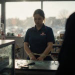 Zip-tied employee standing behind Walgreens counter with shattered glass display case and armed perp in foreground.