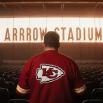 Chiefs fan standing in empty Arrowhead Stadium with orange glow and nostalgic sadness