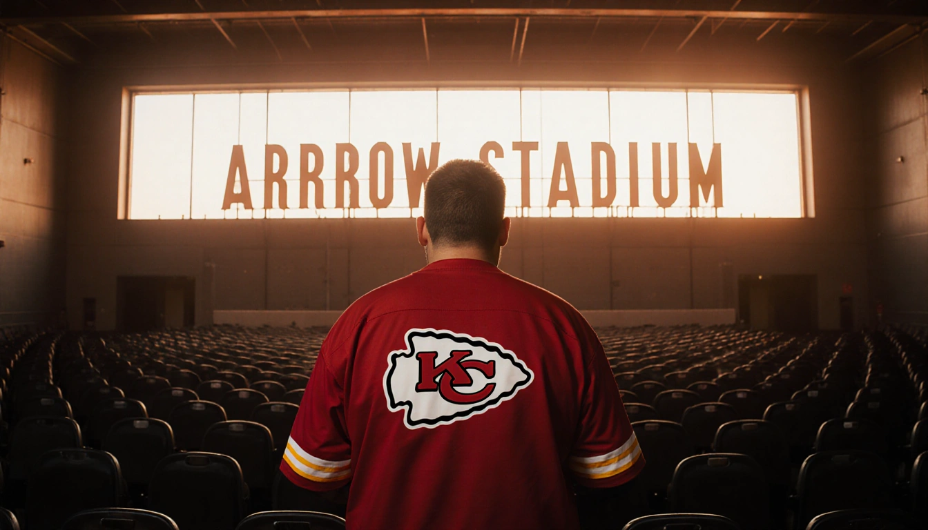 Chiefs fan standing in empty Arrowhead Stadium with orange glow and nostalgic sadness