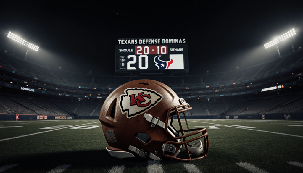 Arrowhead Stadium glows with Chiefs logo and scoreboard showing 20-10 Texans win lights casting long shadows across seats.