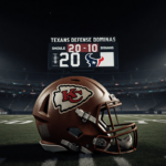 Arrowhead Stadium glows with Chiefs logo and scoreboard showing 20-10 Texans win lights casting long shadows across seats.