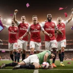 Arsenal players celebrating their win with floodlit Emirates Stadium and fluttering football flags