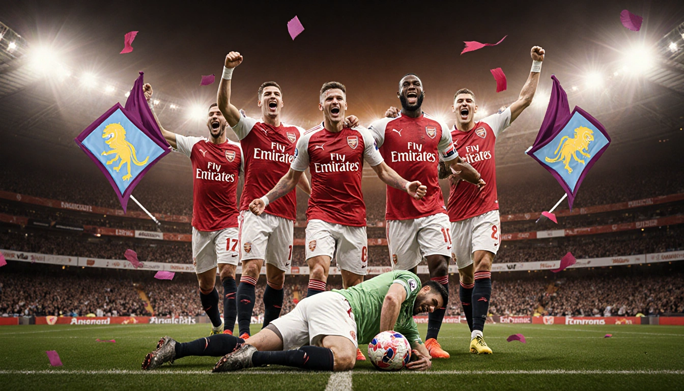 Arsenal players celebrating their win with floodlit Emirates Stadium and fluttering football flags
