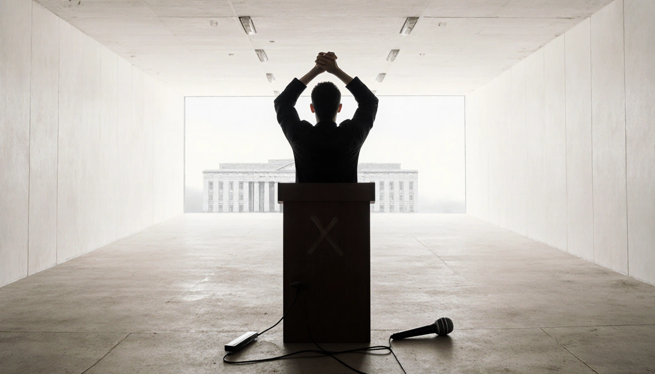 Artist clasping hands together with microphone on floor and Kennedy Center marked X in background