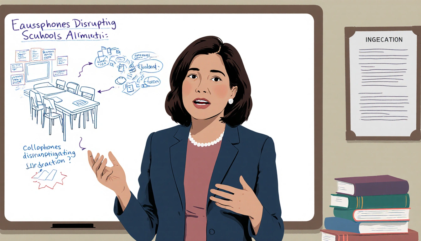 Assemblywoman Rosy Bagolie speaking hand gestures beside whiteboard notes textbooks emphasizing cellphones disrupting educati