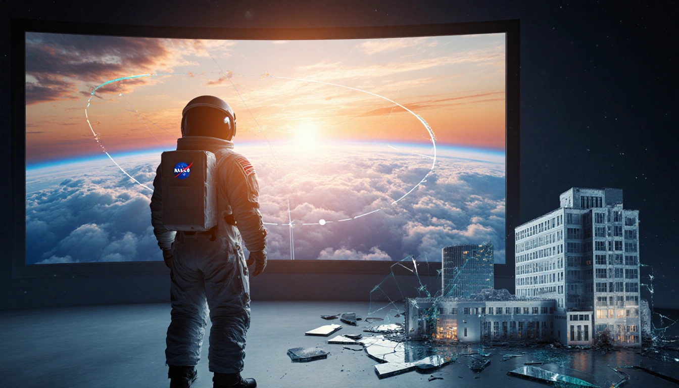 NASA astronaut standing before glowing computer screen with satellite trajectory and NCAR building climate research