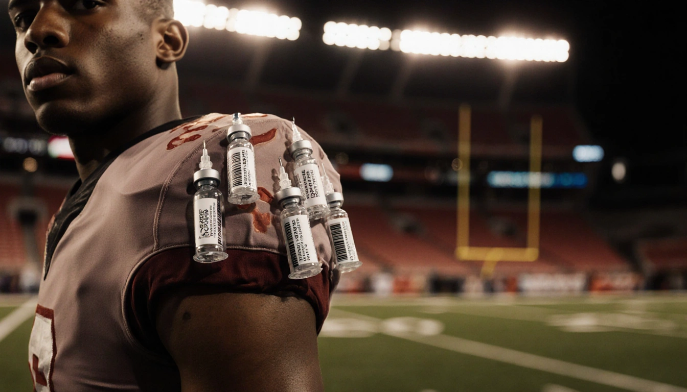 Athlete's arm shows multiple syringes on shoulder with blurred football field behind hinting at injury recovery.